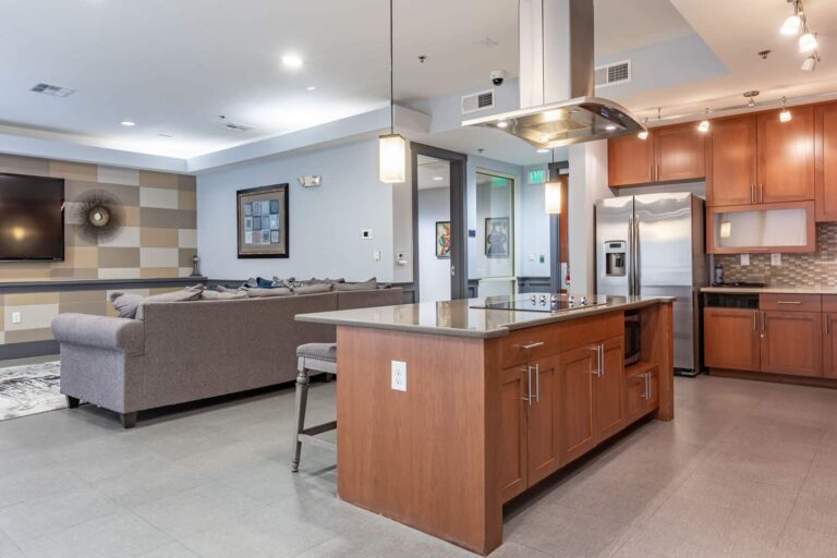 Enjoy the resident exclusive clubhouse kitchen and lounge at Trinity Commons Apartments & Lofts.