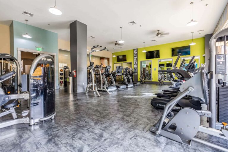 The newly upgraded fitness center at our apartments near Duke.